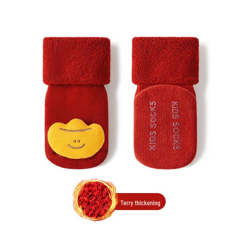 Newborn Non-Slip Red Cotton Socks: Thick & Cozy for Autumn/Winter, Ideal for 100-Day Birthday & New Year Celebrations