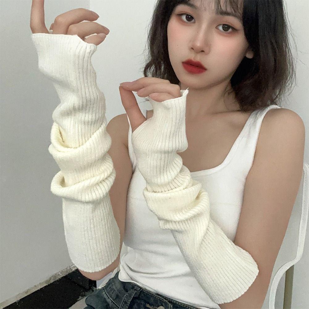 1 Pair Women Long Fingerless Gloves Winter Soft Knitted Warm Arm Sleeve Punk Gothic Fashion Casual Soft Mitten