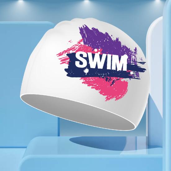 Bademütze, hochelastisch, wasserdicht, extra weich, rutschfestes Design, ultraleicht, schützend, schnelltrocknend, bedruckt, Bademütze mit Ohrenschutz für Damen