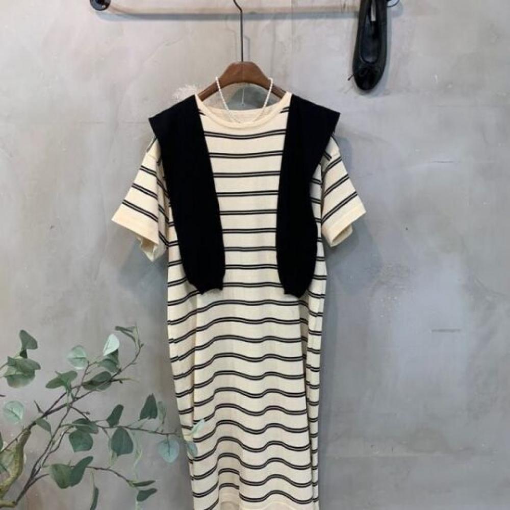 C S In The Room Tumi Stripe Short Sleeve Knit Long dreSS SCarf Set 2Color