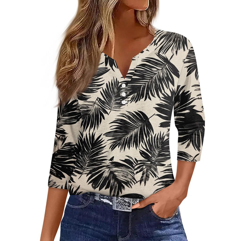 Damska koszulka z nadrukiem na guziki, rękaw 3/4, codzienna, weekendowa, modna, podstawowa, dekolt w serek, regularny top