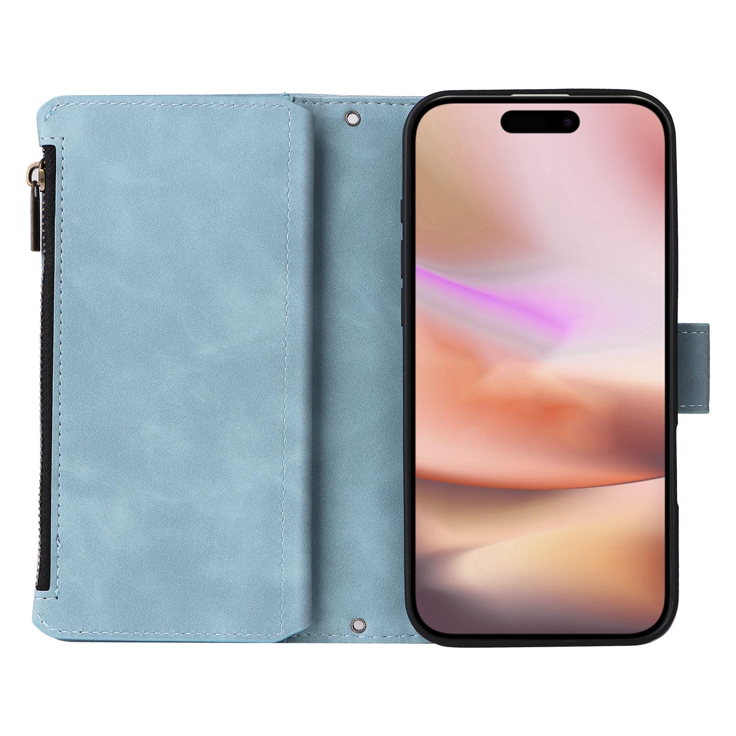 

For iPhone 16 Plus Case Zipper Pocket PU Leather Wallet Phone Stand Cover with Strap Sky Blue