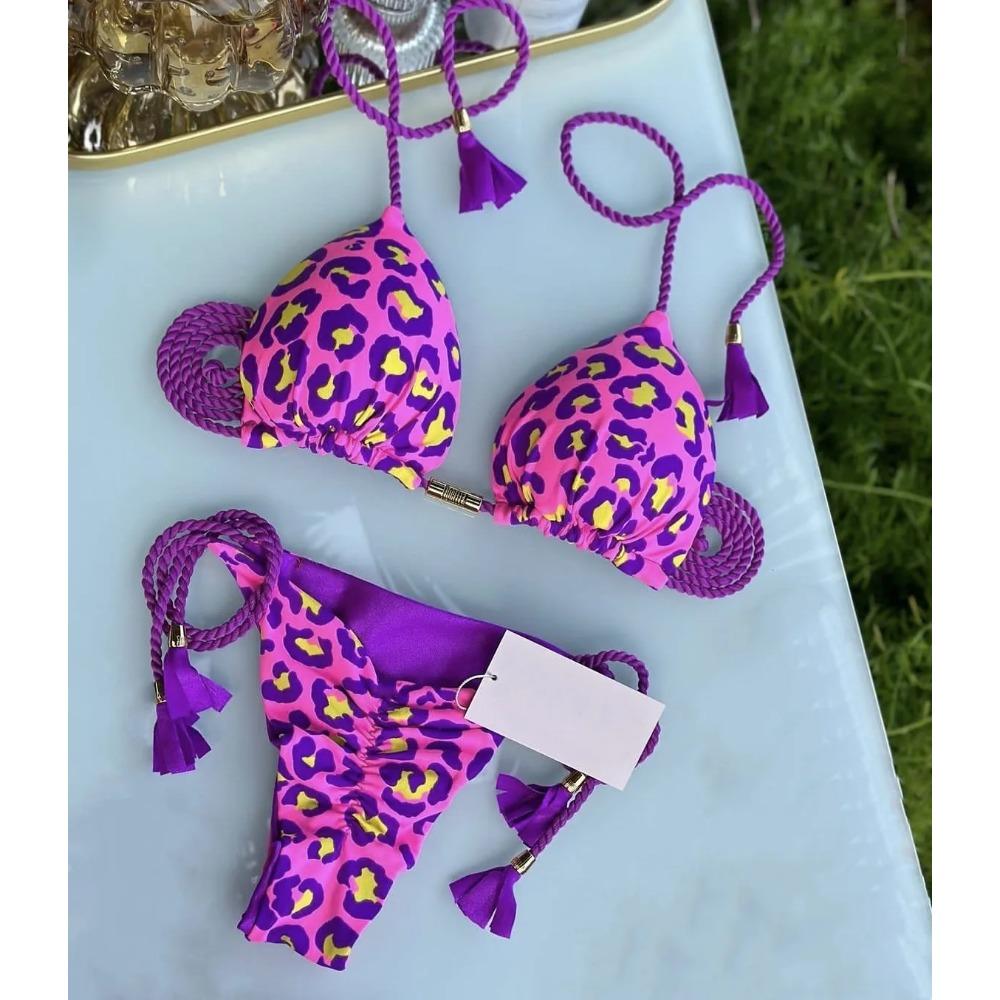 Seksowny Kostium Kąpielowy Bikini z Panterką i Wiązaniami Zestaw Trójkątny Kostium Kąpielowy Kostium Kąpielowy Push-Up Zestaw Bikini z Wiązaniami na Plaży Letni Strój Plażowy Kostium Kąpielowy Stringi