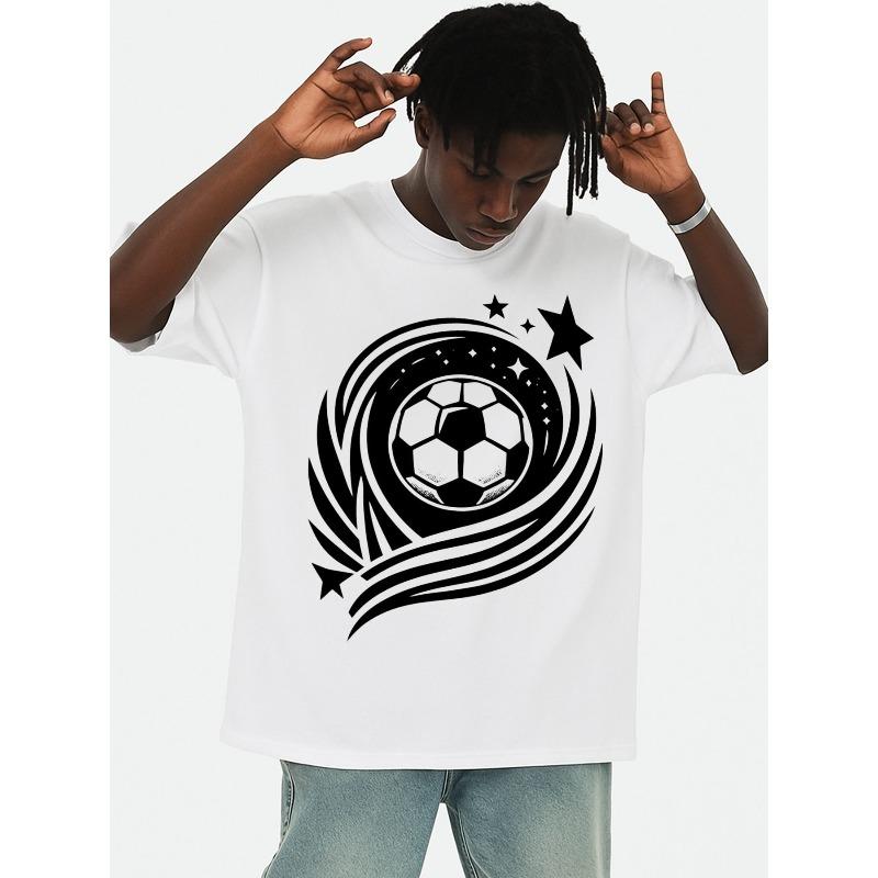 

European sizes Men s Soccer Star T-Shirt - White with Black Soccer & Player Print, Short Sleeve Round Neck Casual Sportswear S белый