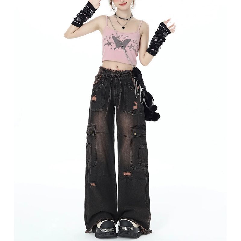 Y2K Vintage Hög midja Harajuku Lös Jeans Byxor Koreansk Mode Dam Grunge Vida Ben Oversized Denim Byxor Kvinnokläder