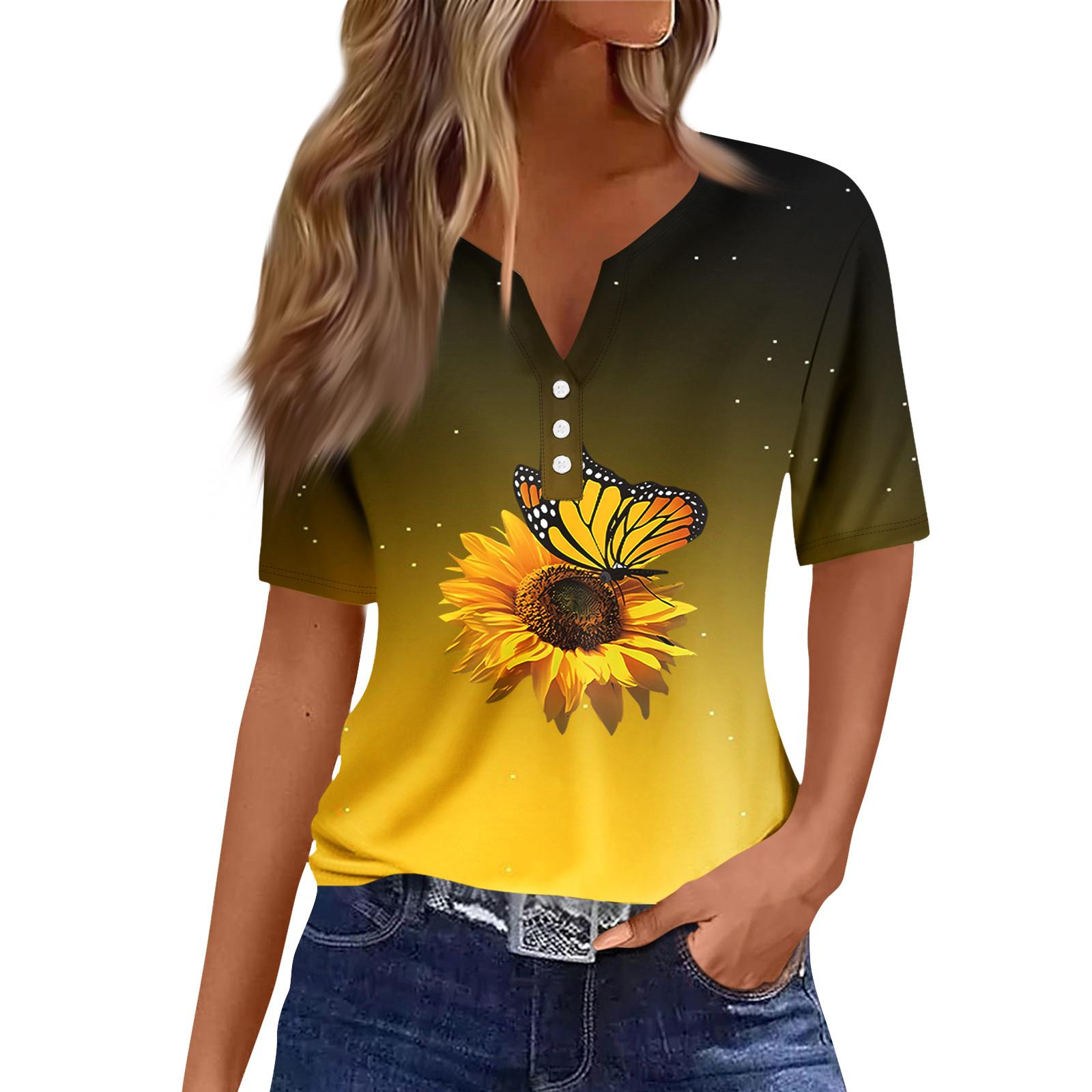 

Women s Casual Printed V-neck Short Sleeved Decorative Button T-shirt Top XL помаранчевий
