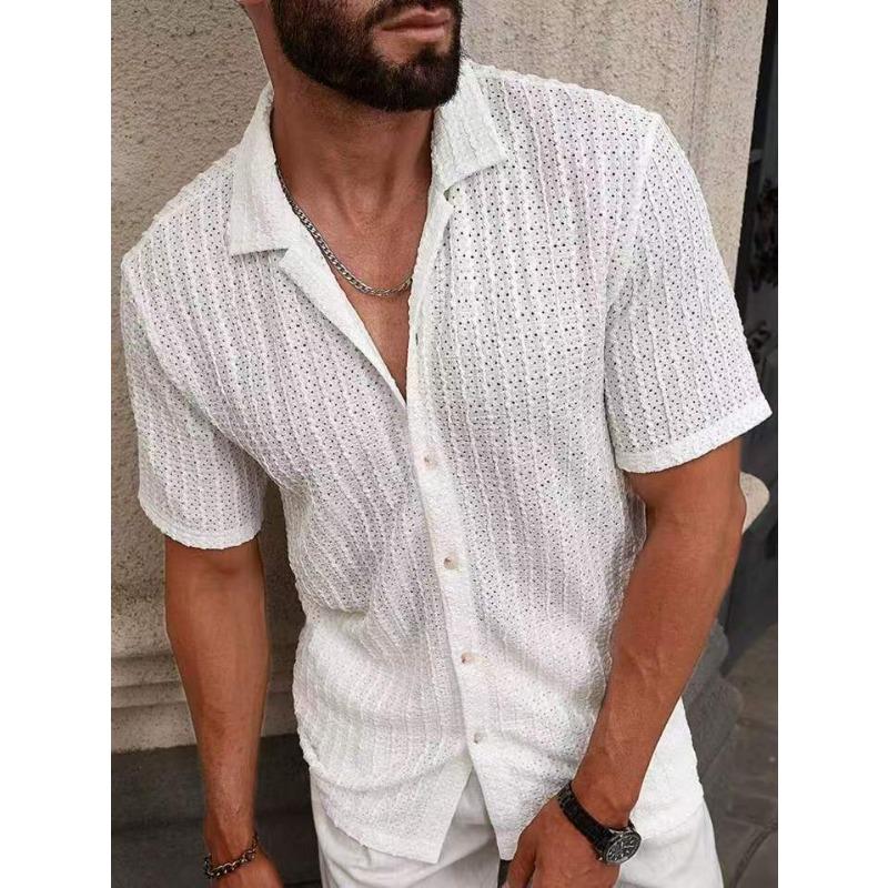 Knitted Shirt Men's Summer New Solid Color Lapel Hollow Breathable Men's Short-sleeved Top