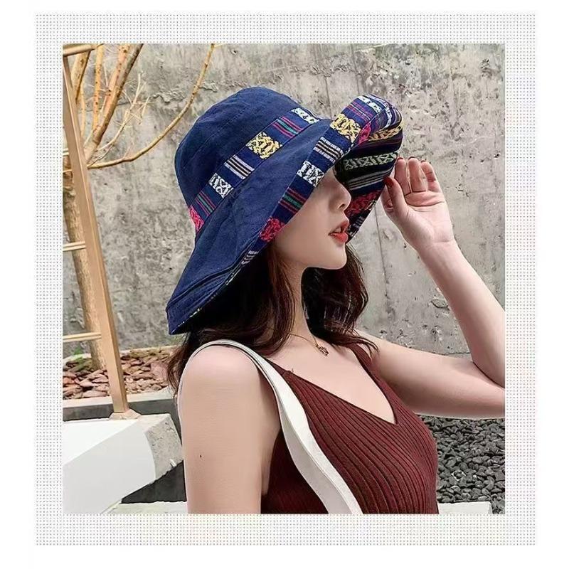 Hat women's summer big edge double-sided sunshade bucket hat Korean version versatile ethnic style travel sun protection Cap