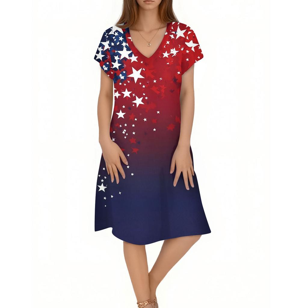 Women's Casual Fashion V-Neck Short Sleeve Floral Print Midi Flowing Dress