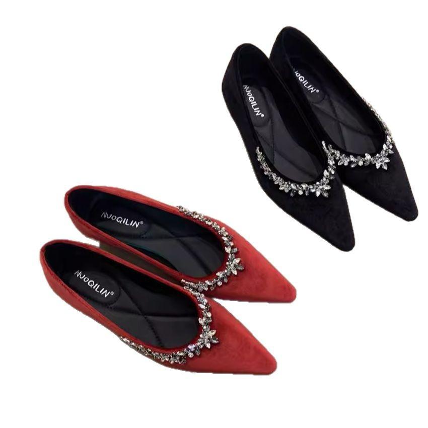 Pointed single shoes women's 2025 rhinestone sweet red soft-soled shoes velvet spring temperament shallow mouth