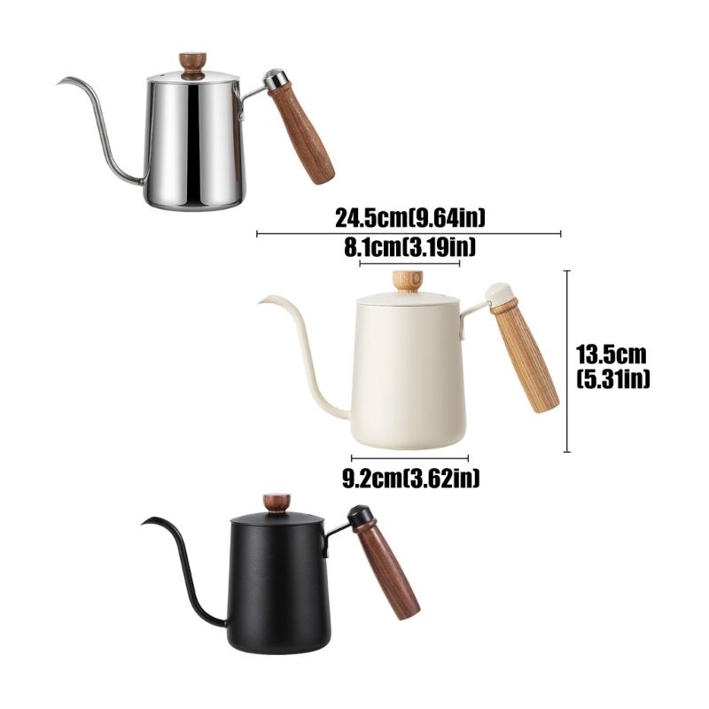 Bouilloire à Café en Acier Inoxydable 304 avec Bec Long Col de Cygne Capacité 600ML Théière avec Poignée en Bois Pour Contrôle Manuel des Gouttes