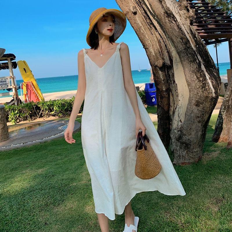 Women's 2026 Summer White Spaghetti Strap Beach Dress - Loose Fit, Slimming, Seaside Vacation Style Long Dress