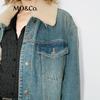 MO&Co. Plush Collar Retro Washed Denim Jacket