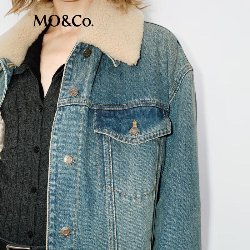 MO&Co. Plush Collar Retro Washed Denim Jacket