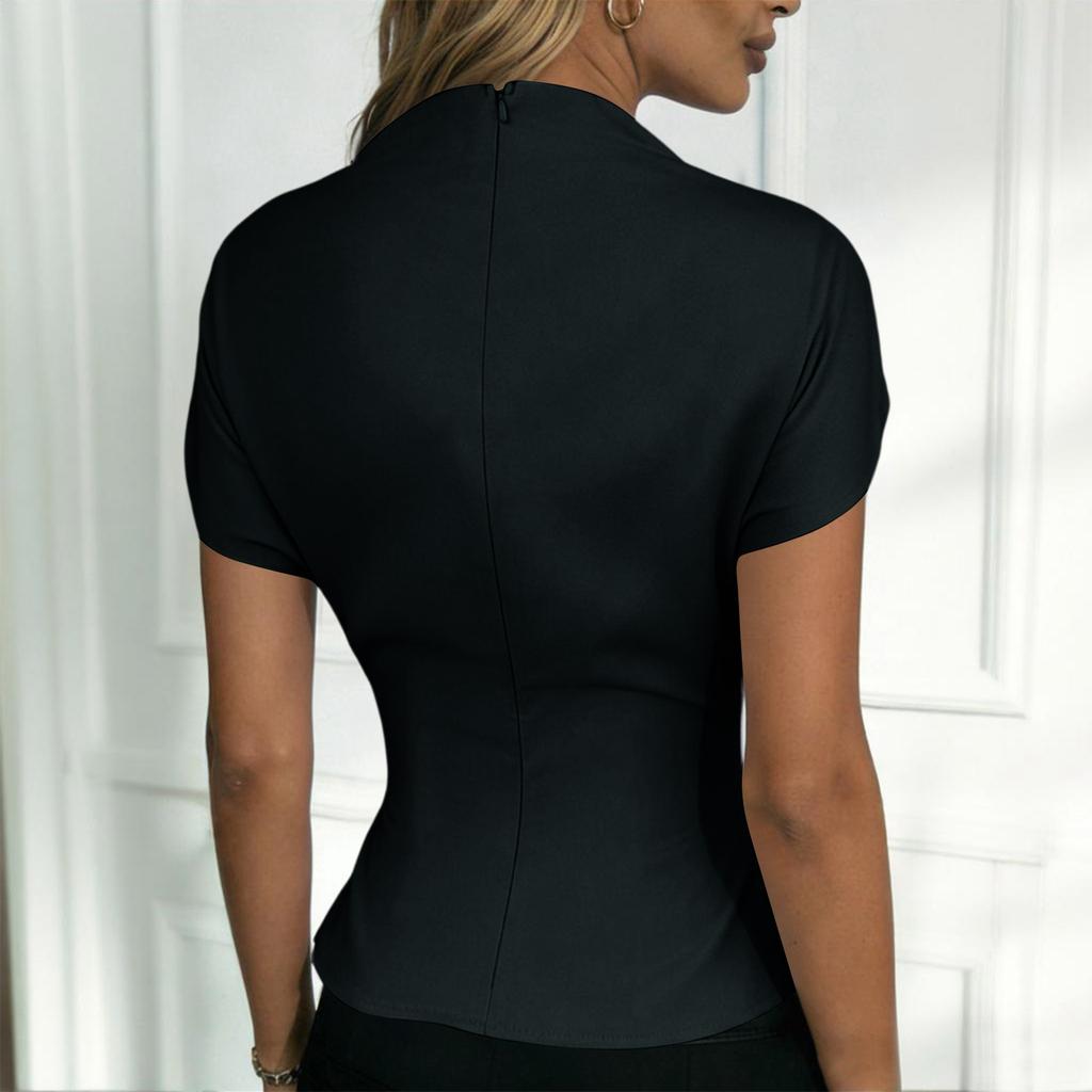 Women's Spring/Summer Casual & Stylish  Blouse — Semi-Mock Neck, Waist-Defining Top