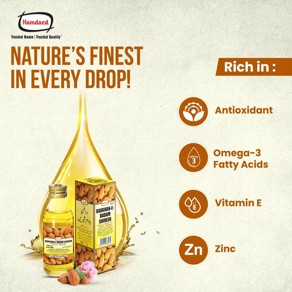 Hamdard RAUGHAN-E-BADAM SHIREEN Sweet Almond Oil for Body, Skin & Hair | 100ml | Natural Almond Oil | Helps Enhance Memory | Helps Relieve Constipatio