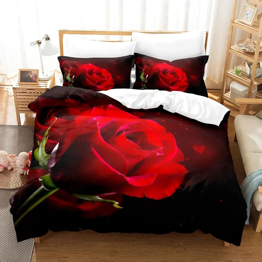 Comforter Red Roses Queen Size King Full 3D Bedding Sets Flower Quilt Linens Single Double Bed