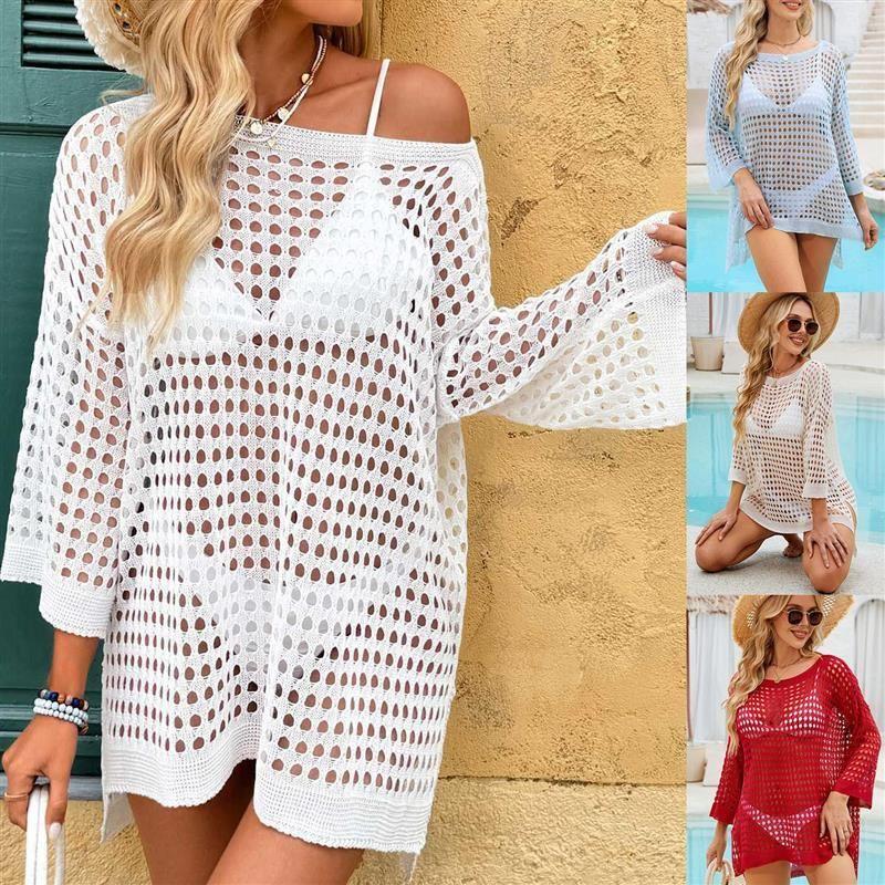 

New Arrival Overclothes Long Sleeves Beach Cover-up Waffle Cutout Blouse Beach Bikini Cover-up Tops White All yards