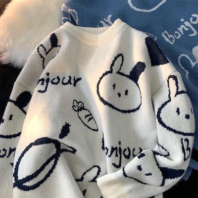 Women Cartoon Rabbit Harajuku Kawaii Cute Round Neck Pullover Sweater Knitted Warm Loose Oversized Sweatshirt