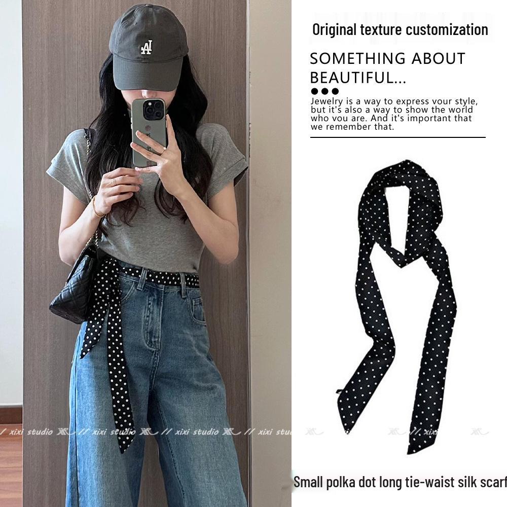 Silk Polka Dot Tie Waist Scarf: Long, Narrow Belt & Ribbon for Trousers, Waist Cincher, or Accessory