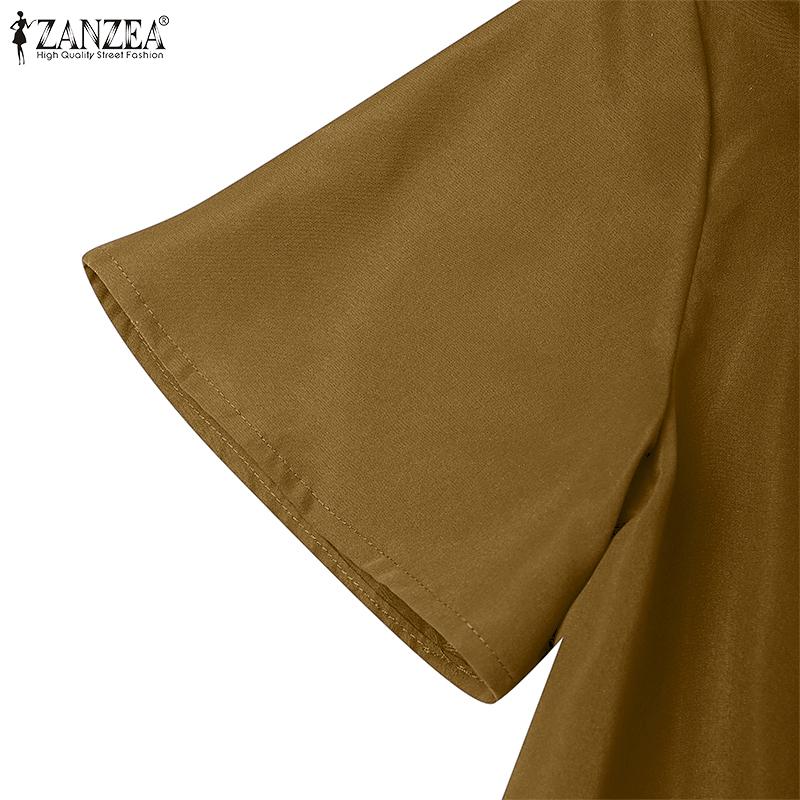 ZANZEA Women Casual Round Neck Solid Color Short Sleeve Long Dress