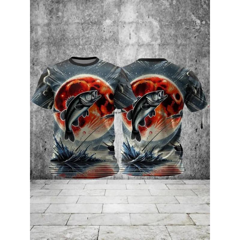 Summer Men's Fishing Leisure T-Shirts Short Sleeve 3d Fish Print Street T-Shirts Hip Hop Man Tees Loose Casual O-Neck Shirt