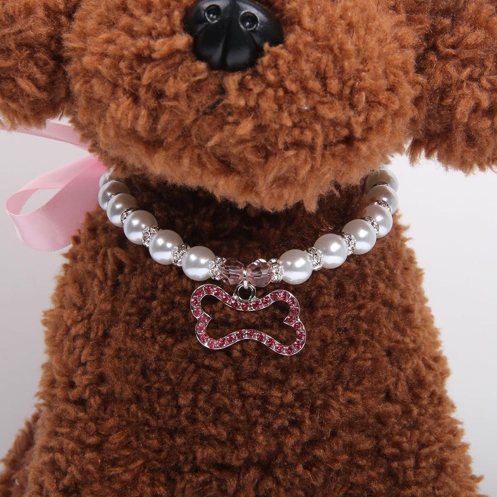 Dog Cat Pearls Necklace Collar with Rhinestones Bone Charm Pendant Pet Puppy Jewelry Accessory (Pink, Small)