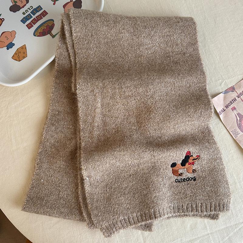 Falling Pool Knitwear: Women's Cute Puppy Embroidered Winter Scarf - Warm, Versatile Cartoon Neck Warmer