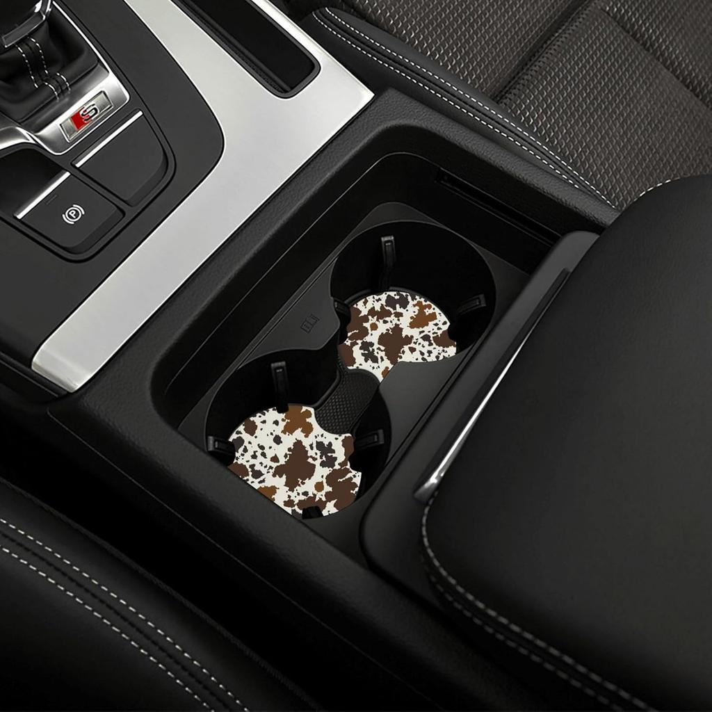 Brown Western Cow Print Steering Wheel Cover for Women Men with 2 Pcs Car Coasters, 15 Inches Neoprene Anti-Slip Cute Universal Car Accessories
