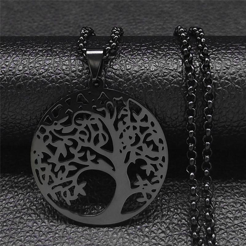 Tree of Life Stainless Steel Long Necklace for Men Black Color Necklaces & Pendants Jewelry cadenas para hombre N834S03