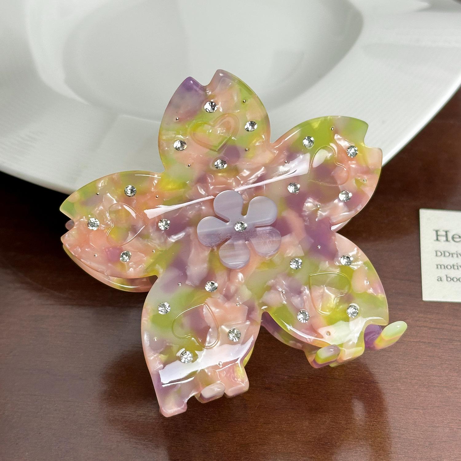 

Trendy Elegant And Acetate Hair Claw Clip With Beautiful Floral Motifs And Rhinestones Sparkling Yellow Purple