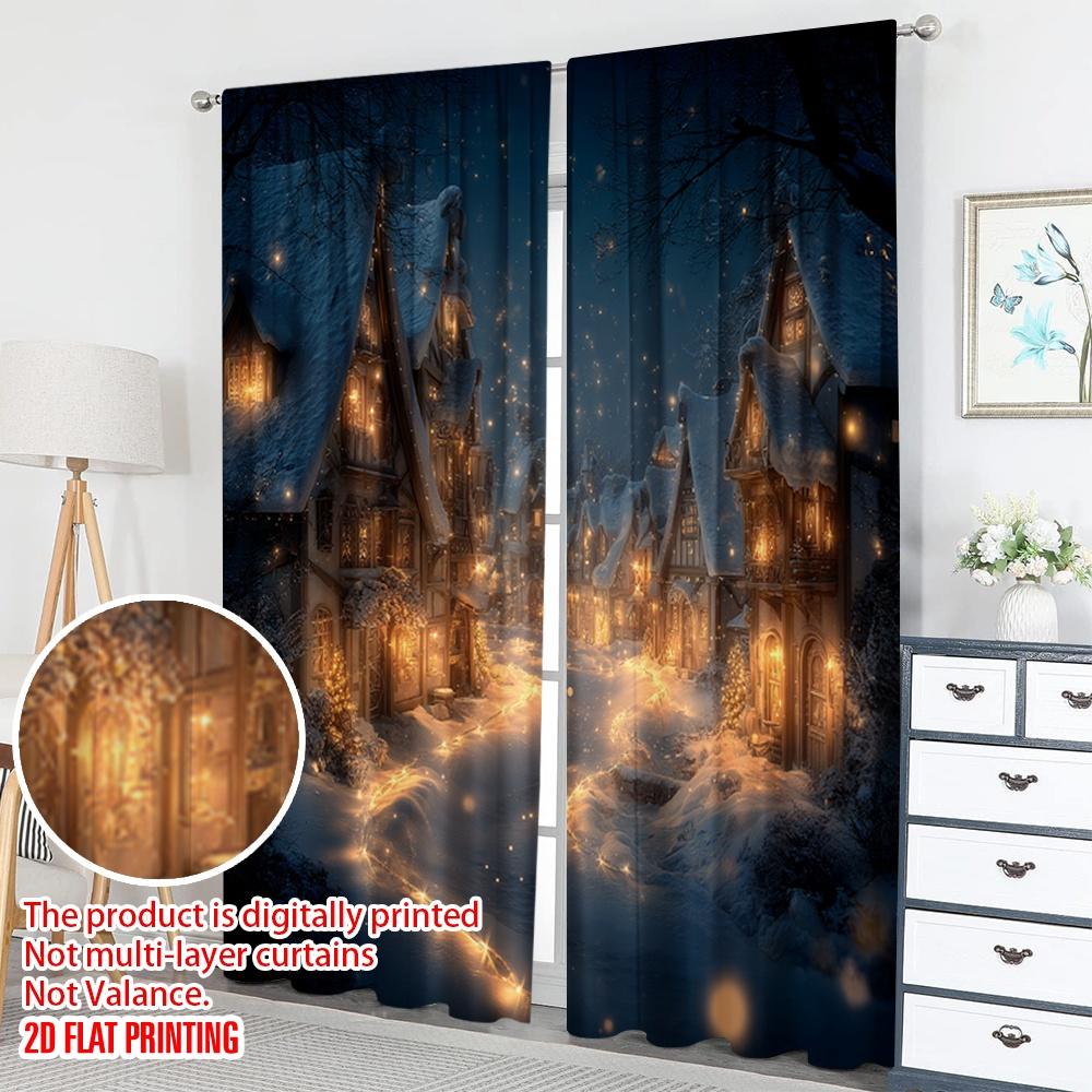 2pcs 2D Flat Printing Christmas Scene Curtains Cozy Winter Village Evening Scene Digital Printed Polyester Drapes Birthday Party