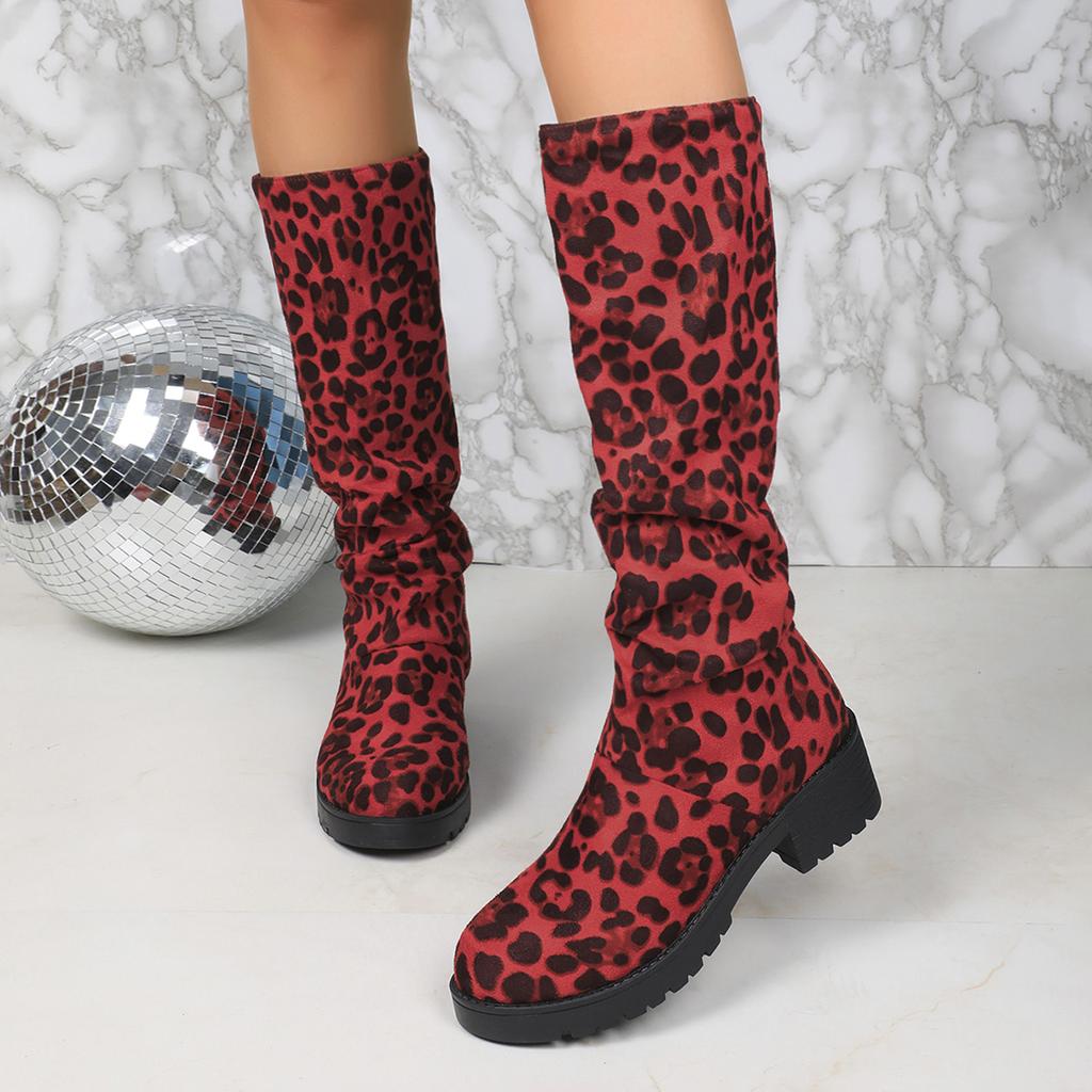 Fashion Women Knee-High Boots Autumn Winter Sexy Mid-calf Cowboy Boots Outdoor Platform Shoes for Women Trend Leopard High Boots Women