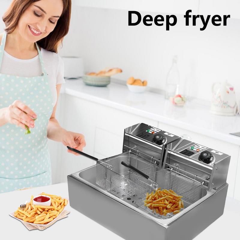 Deep Fryer Pot Electric 110V Commercial Double Stainless Steel Chicken Wings Fryers with Baskets and Temperature Control Kitchen
