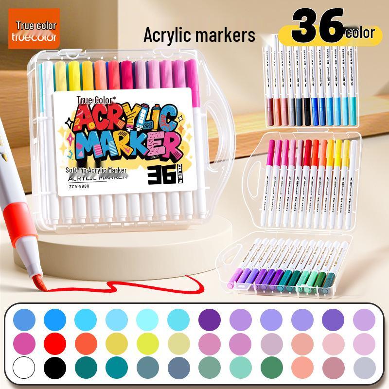 True Color Soft Tip Acrylic Markers & Drawing Brushes for Kids, Non-Bleeding, Stackable Colors, Black Box Colored Pencils