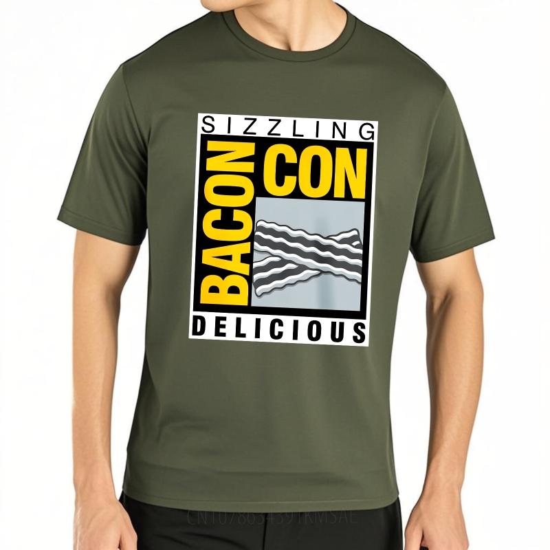 Man Round Neck teeshirt Cool For Him Summer T Shirt Sizzling Bacon Con Delicious Short Sleeve Travel Crew Neck For Men Tops