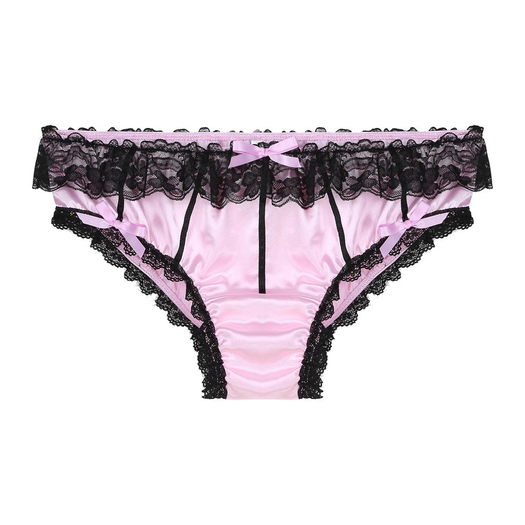 Mens Sissy Crossdress Low Waist Briefs Lace Trim Satin Bowknot Underwear