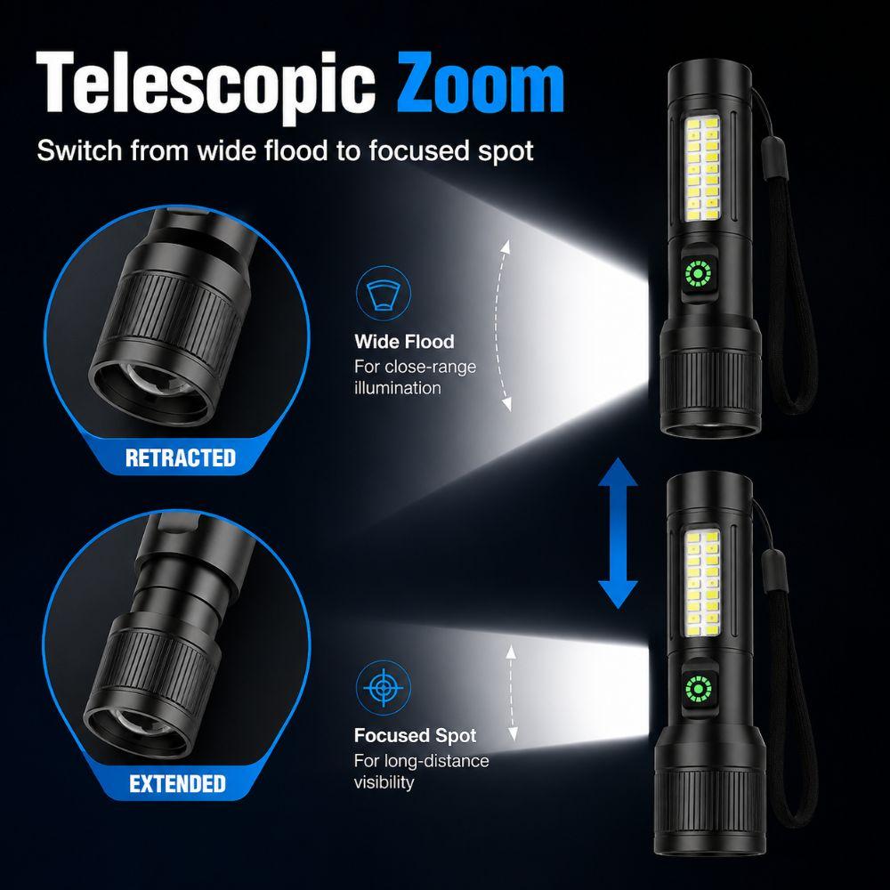 Adjustable Beam COB Side Light Rechargeable Outdoor Flashlight LED Flashlight  Camping Hiking