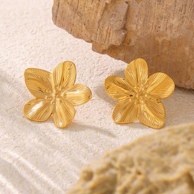 Flower Stud Earrings Geometric Irregular Hammer Fold Design Titanium Steel Plated 18k Real Gold Retro Earrings