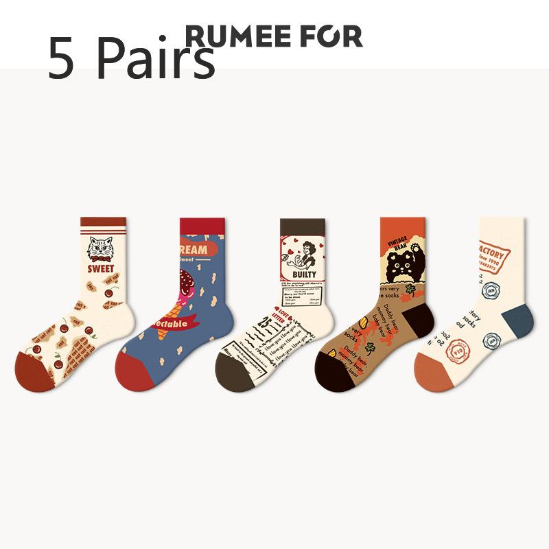 5 Pairs of Women's Spring and Autumn Retro Fashion Non Slip Tube Socks