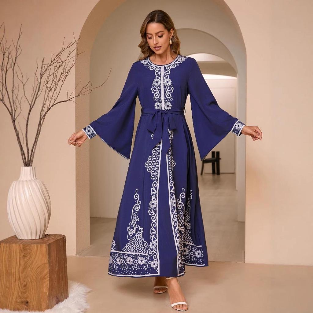 Arabic Party Bell Sleeve Digital Print Long Dress