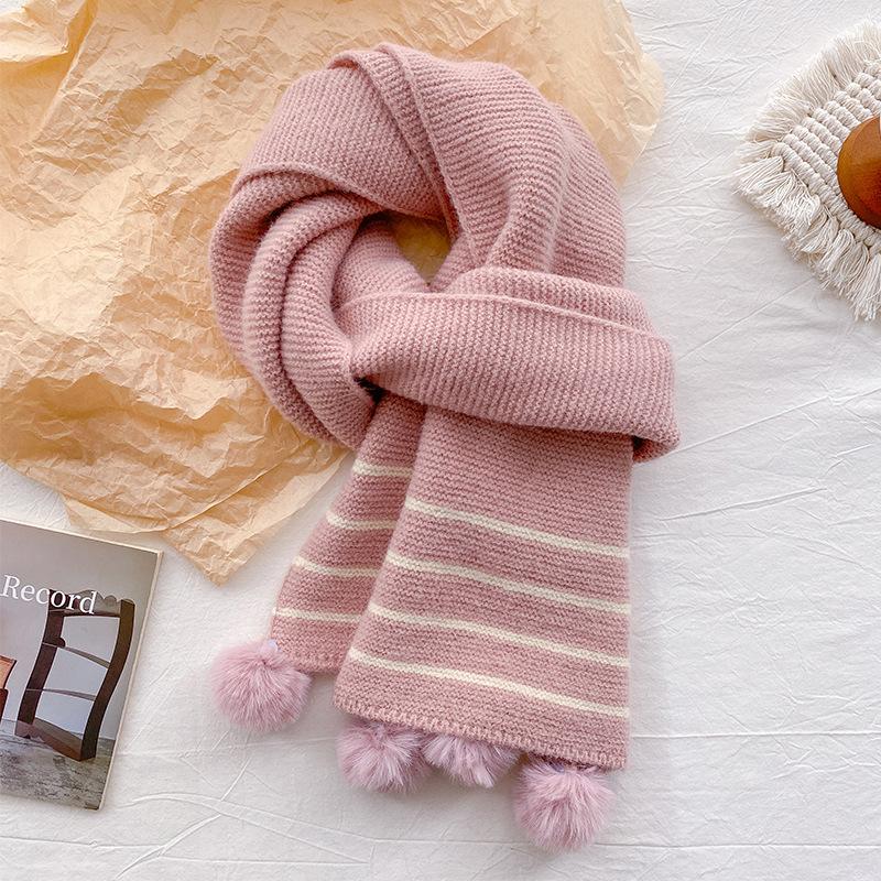 Cute Big Hairball Knitted Scarf Women's New Winter Model with Wool Thickened Contrasting Stripes Wool Warm Scarf