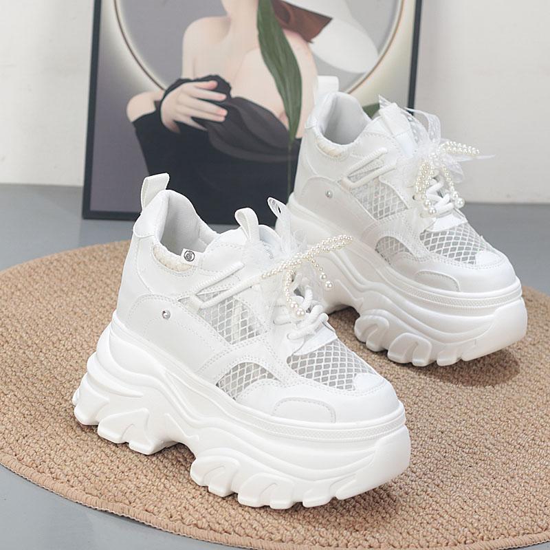 Fashion 11CM  Air Mesh Microfiber Leather High Brand Comfy Chunky Sneaker Lace Up Shoes Sandals Women Platform Wedge Fashion Summer