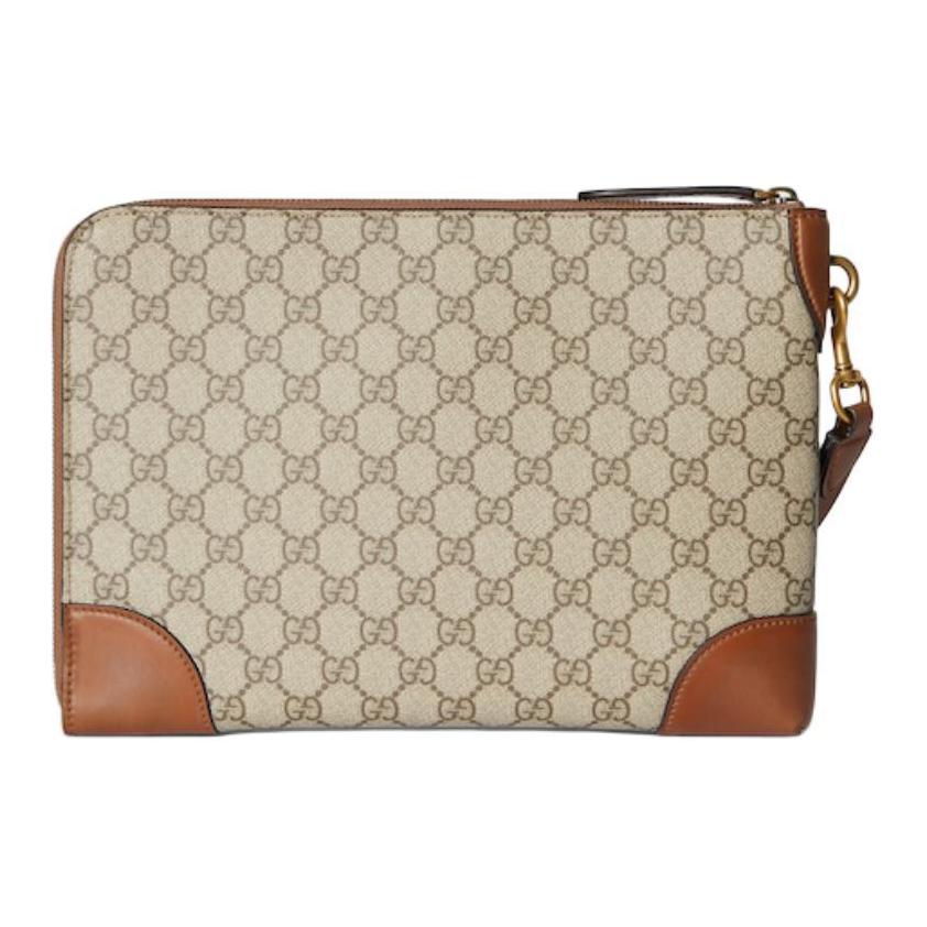 Gucci GG Monogram Canvas Leather Trim Wrist Strap Clutch Bag With Gold Hardware For Unisex Luxury Daily Travel Use