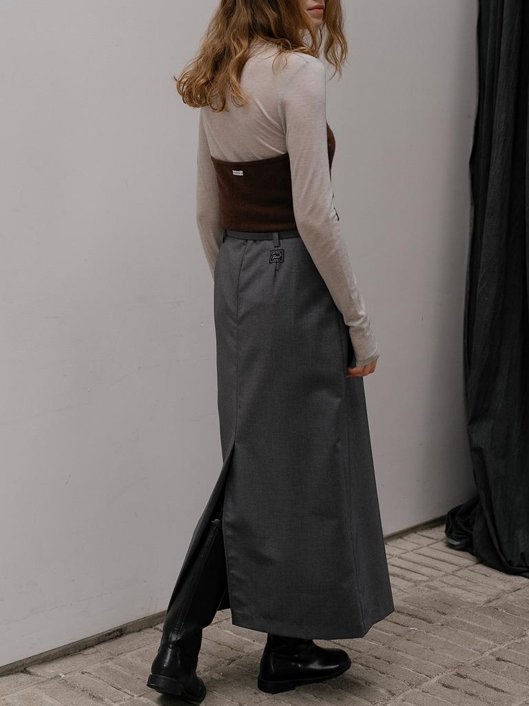 Peulibeo07 Stripe Belted H-Line Long Skirt Frfa01Sk03_Charcoal