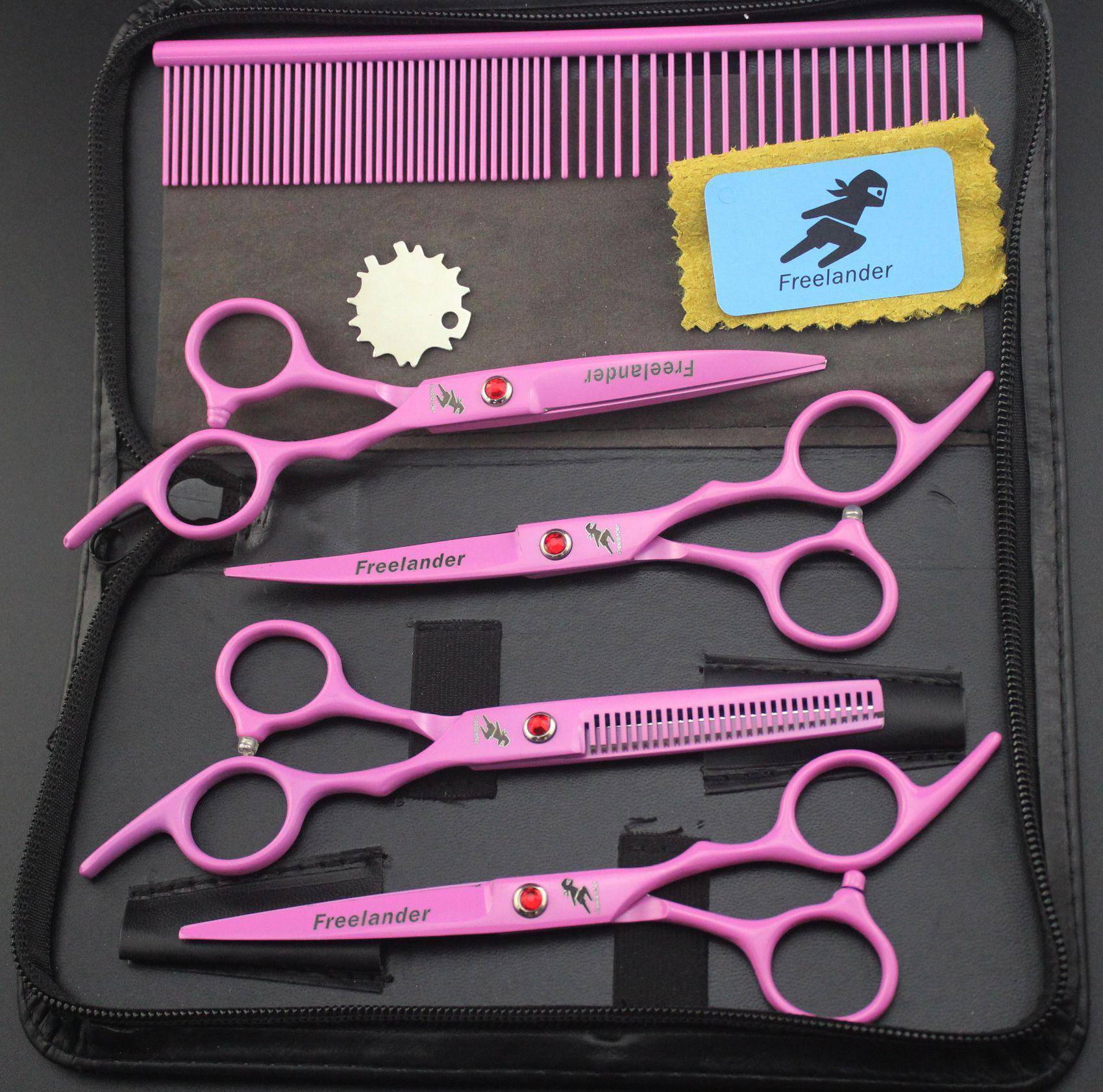 6.0 Pink Pathfinder Stainless Steel Grooming Scissors Set - 4 Pieces: Includes Straight & Curved Scissors.