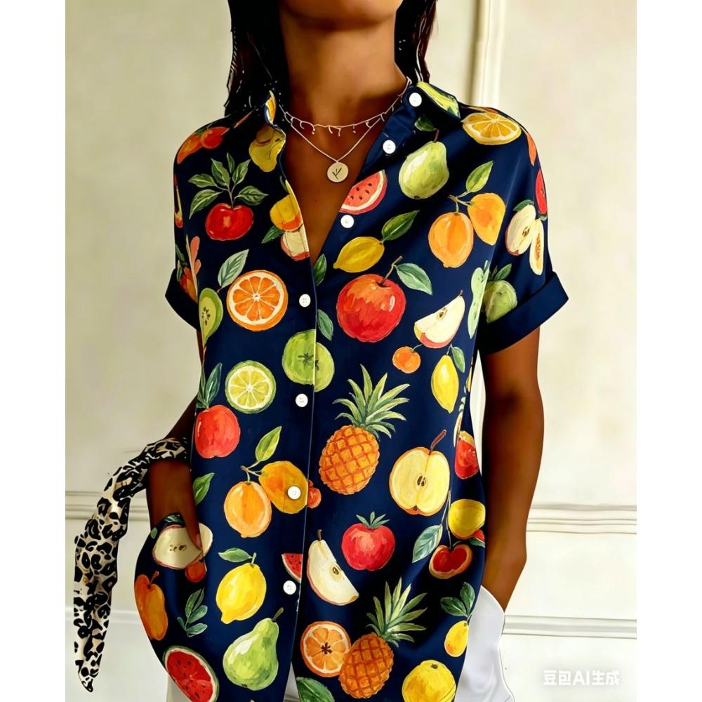 Women's Retro Geometric Striped Printed Button Short Sleeved Shirt with a Lapel Top, Summer Casual Short Sleeved Shirt