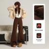 Khaki Micro-Flare Velvet-Lined Mid-Waist Slim-Fit Jeans for Women