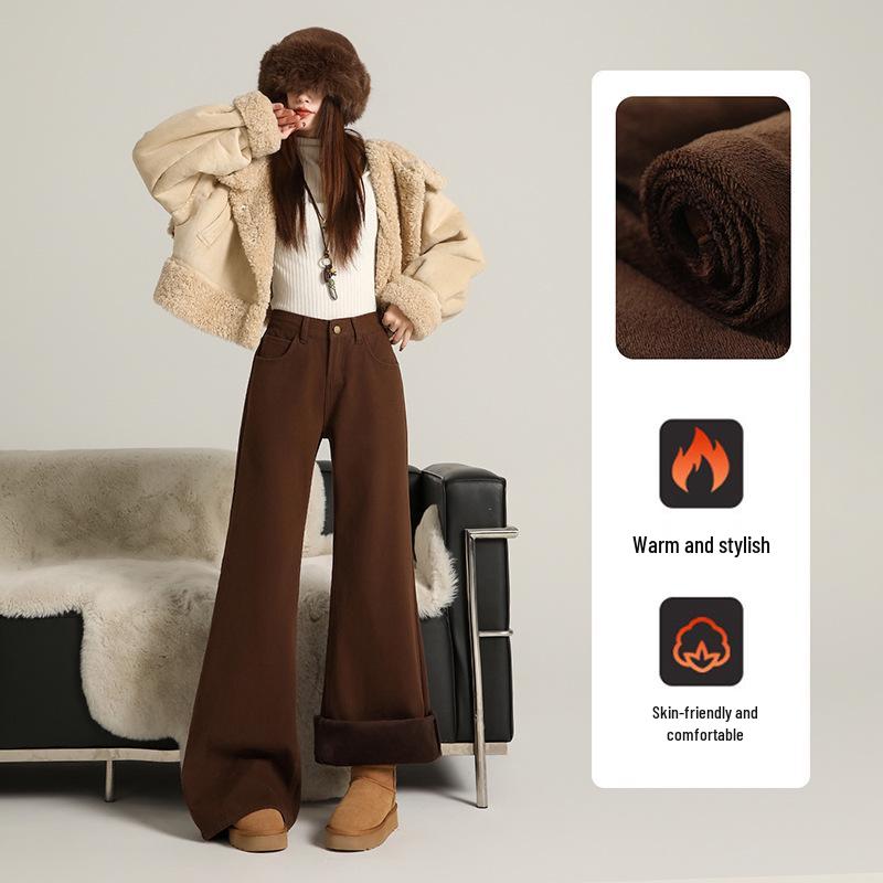 Khaki Micro-Flare Velvet-Lined Mid-Waist Slim-Fit Jeans for Women