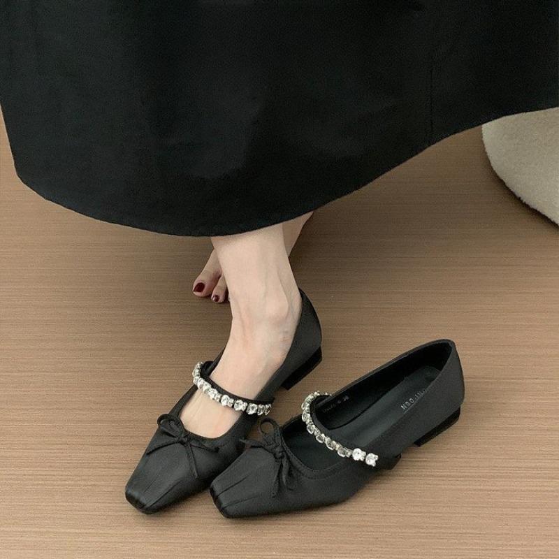 Fashion Crystal Mid Heels Ballet Shoes Women Bow Marie Janes Sandals Square Toe 2025 Trend Summer Loafers Dress Party Sandalias Mujer